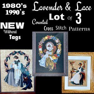 🆕NWOT▪️VTG▪️LAVENDER & LACE▪️80's 90's Lot of 3 Counted Cross Stitch Patterns